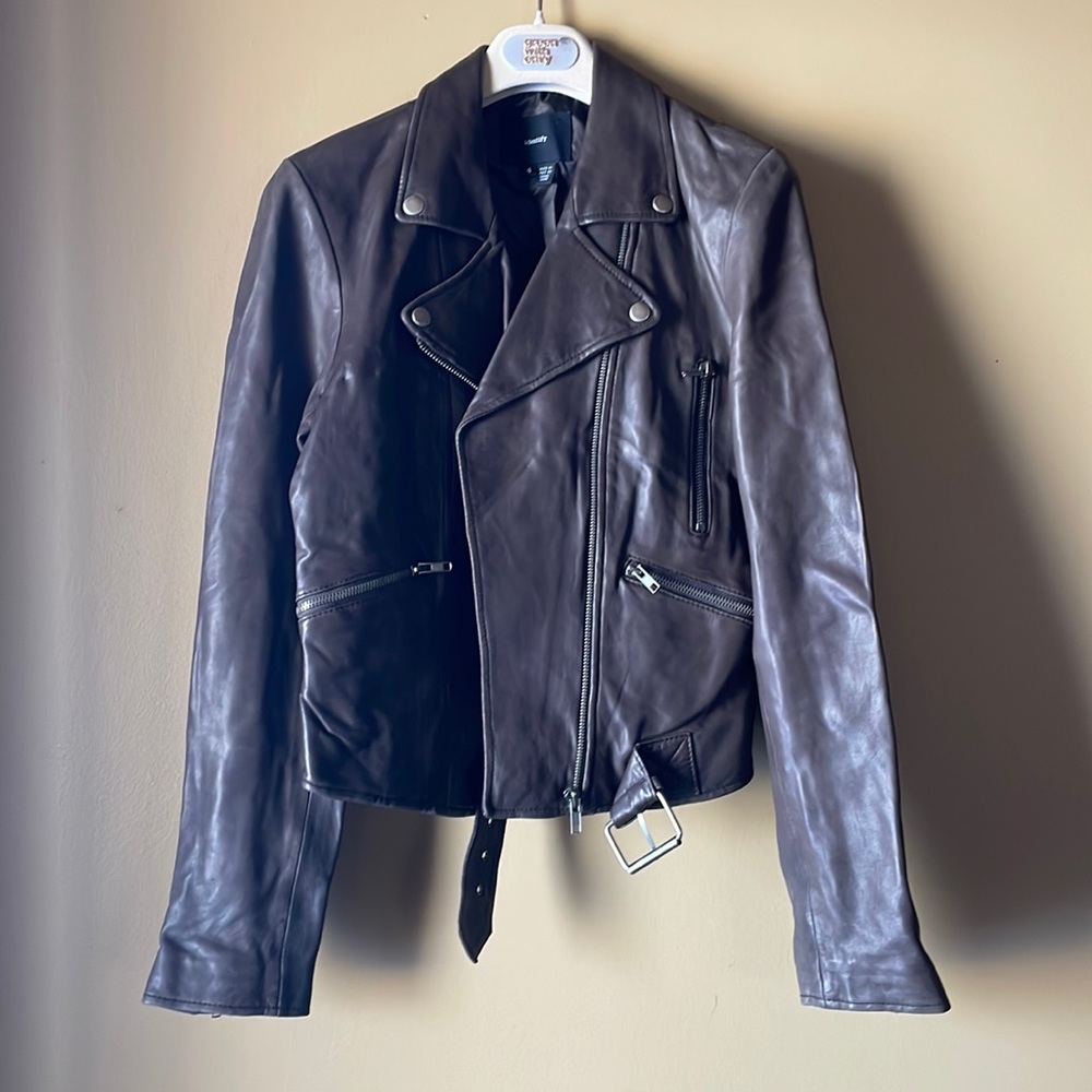 IDENTIFY dark brown leather jacket sz4/6 soft supple Schott Perfecto style